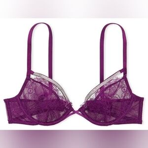 34B 💜Victoria's Secret Shine Strap Strappy Unlined Lace Low Cut Demi Bra